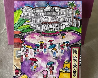 RAFFLES Hotel-SINGAPORE CARD-Dianna Dickson-Original Watercolor-Single Card-Professionally Printed-Clear Sleeve-Gold Label+Purple Envelope
