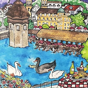 May include: A watercolor painting of a European city scene with a bridge over a river. The bridge is decorated with flowers and there are swans swimming in the water. There are buildings in the background, including a tower with a pointed roof. The painting is done in a whimsical style with bright colors.