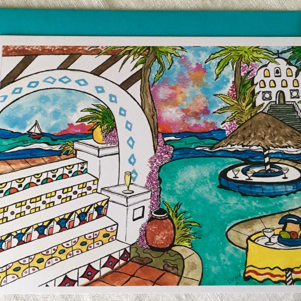 CABO-MEXICO CARD-PAlmilla Resort-Dianna Dickson-Original Watercolor-Single Professionally Printed Card-Clear Sleeve+Teal Blue Envelope