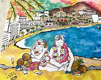 HAWAII-Waikiki Beach Cards-ROYAL HAWAIIAN Resort-Original Watercolor-Dianna Dickson-4 Professionally Printed Cards-Clear Box w/Tie+Envelopes