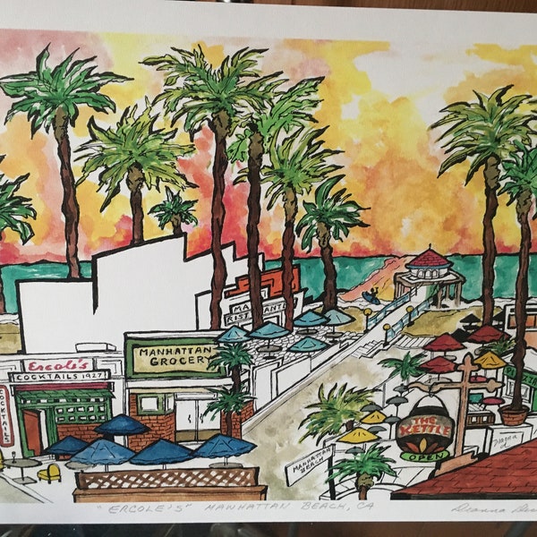 ERCOLES-MANHATTAN BEACH-Ca-Art Print by Dianna Dickson-9 by 12 inch-Original Watercolor-Professionally Printed-Signed/Numbered