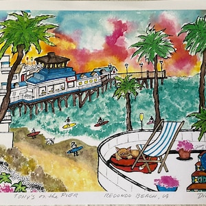 TONY’s on the PIER-REDONDO Beach Art Print-9x12”Coastal Collection-Original Watercolor-Dianna Dickson-Professionally Printed-Signed/Numbered