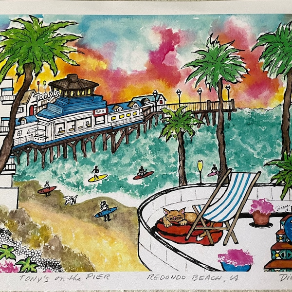 TONY’s on the PIER-REDONDO Beach Art Print-9x12”Coastal Collection-Original Watercolor-Dianna Dickson-Professionally Printed-Signed/Numbered