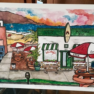 May include: A watercolor painting of a beachside deli called "Mickey's Deli". The building has a green awning with white stripes and a sign that says "Mickey's Deli". There is a red and white striped umbrella with a Coca-Cola logo and a green and white striped umbrella with a Coke logo. There are tables and chairs outside the deli, and a beach scene in the background.