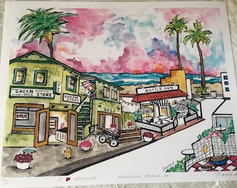 I LoVE HERMOSA-Hermosa Beach,CA-Dianna Dickson-Art Print-Bottle Inn-Green Store-Original Watercolor-11x14-Stipple paper-Signed/Numbered.