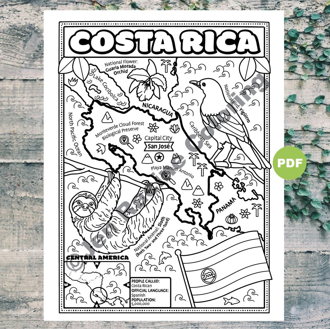 Costa Rica Map Coloring Page, Central America Geography (digital ...