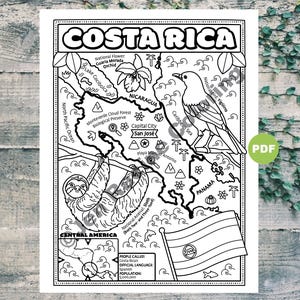 Página para colorear de Costa Rica, geografía de América Central, página para colorear con descarga digital