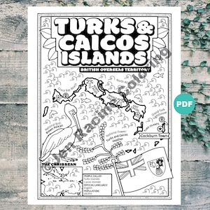 Página para colorear de las Islas Turcas y Caicos, geografía del Caribe, página para colorear con descarga digital