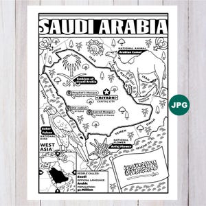Puede incluir: Dibujo lineal en blanco y negro de un mapa de Arabia Saudita, incluyendo el camello árabe, el animal nacional. El mapa incluye la capital, Riad, y otros puntos de interés. El texto "Saudi Arabia" está en la parte superior.