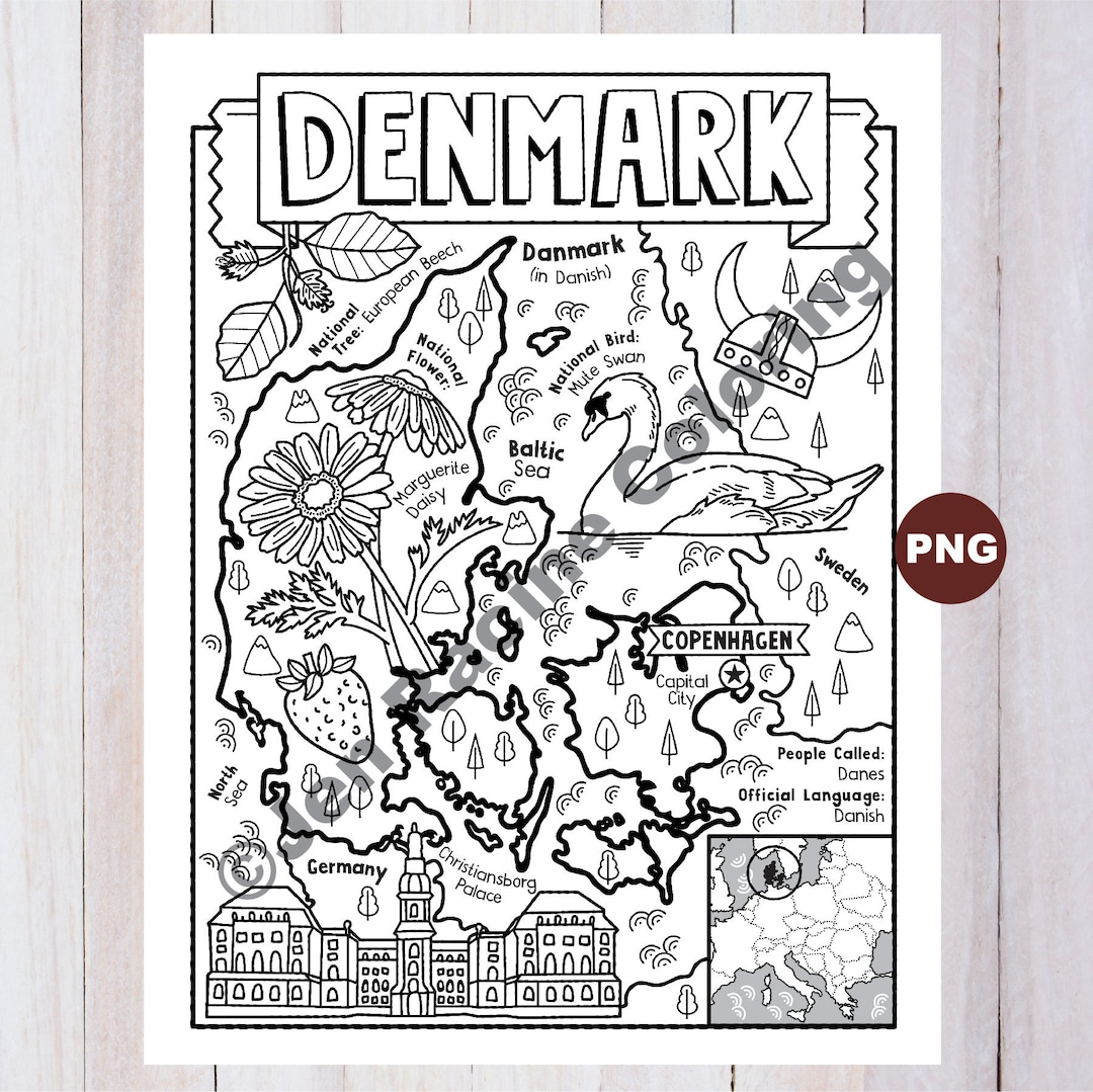 Denmark Coloring Page, Geography of Europe, Digital Download Coloring