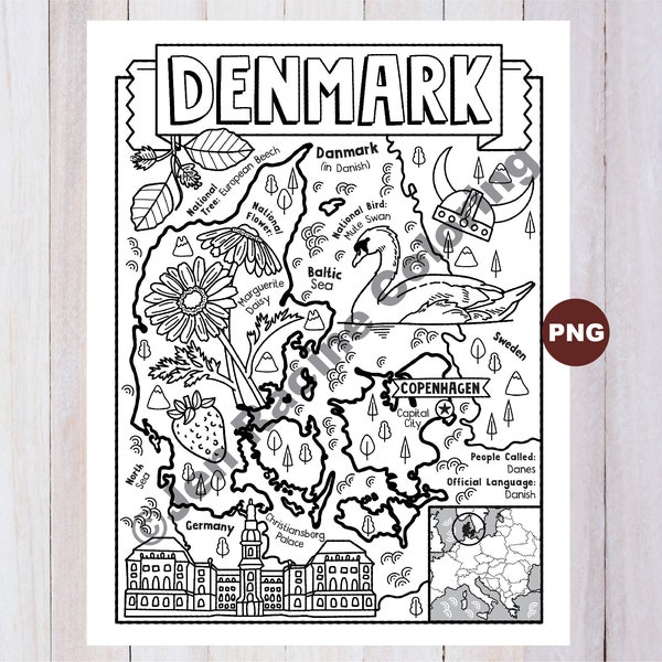 Denmark Coloring Page, Geography of Europe, Digital Download Coloring Page