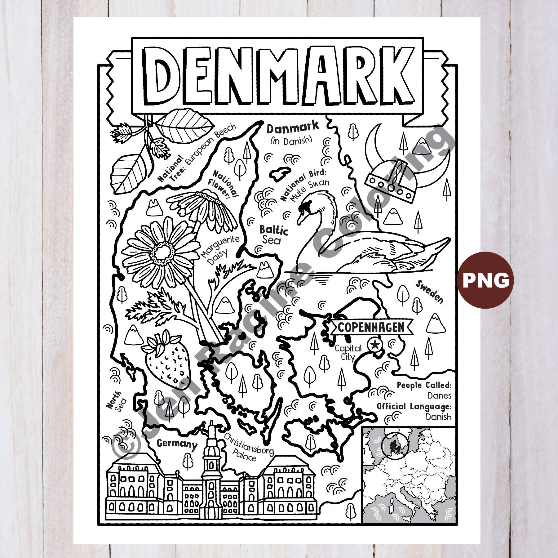 Denmark Coloring Page, Geography of Europe, Digital Download Coloring