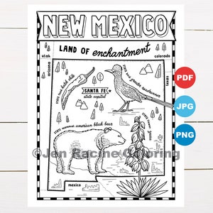 Disegno da colorare del New Mexico, Stati Uniti, carta dello stato, fauna selvatica, simboli di stato, fiori, pagine da colorare