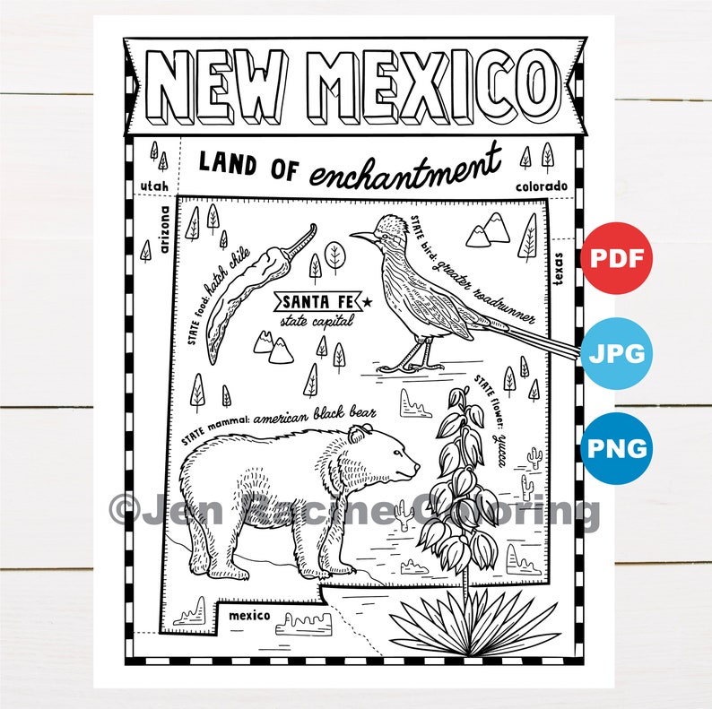 New Mexico Coloring Page United States State Map Wildlife - Etsy
