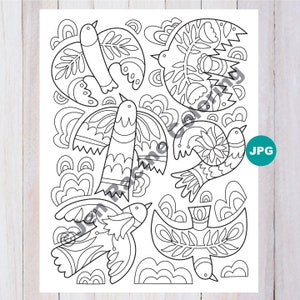 Lagom Coloring Page, Birds, Floral, Scandinavian, JPG Coloring Page