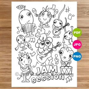 May include: Black and white line art illustration of a band of fruit characters playing musical instruments. The characters include a pear playing an accordion, a grape playing a guitar, a strawberry playing drums, a raspberry playing a saxophone, and a cherry playing a banjo. The text "JAM session" is written below the characters.