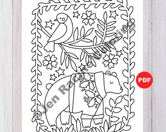 Scandinavian Christmas Coloring Page, Bear and Bird