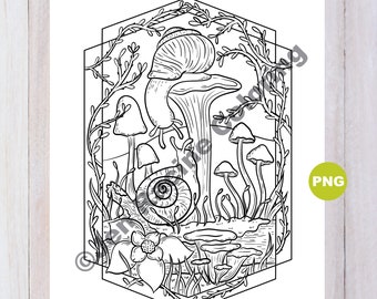 Two Snails on Mushrooms Coloring Page, Digital download, PNG