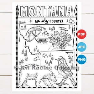 Pagina da colorare del Montana, Stati Uniti, Mappa dello Stato, Fauna selvatica, Simboli dello Stato, Fiori, Pagine da colorare