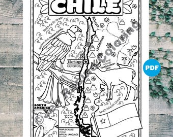 Chile Map Coloring Page, South America Geography (Digital Download)
