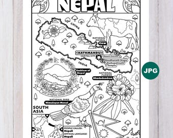 Nepal Map Coloring Page, South Asia Geography (Digital Download)