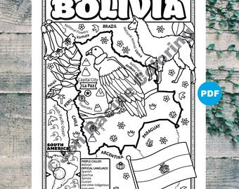 Bolivia Map Coloring Page, South America Geography (Digital Download)