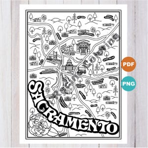 Mappa illustrata di Sacramento, pagina da colorare della California, pagina da colorare scaricabile digitalmente