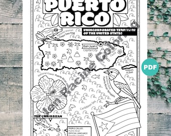 Puerto Rico Map Coloring Page, Caribbean Geography (Digital Download)