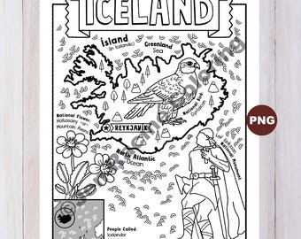 Iceland Coloring Page, Geography of Europe, Digital Download Coloring Page