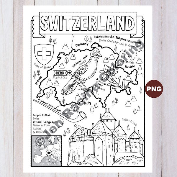 Switzerland Coloring Page, Geography of Europe, Digital Download Coloring Page