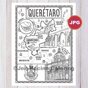 Könnte beinhalten: Eine Schwarzweißillustration des Bundesstaates Querétaro, Mexiko. Die Illustration enthält das Staatswappen, eine Karte des Bundesstaates und Sehenswürdigkeiten wie den Tempel Santa Rosa de Viterbo und den Aquädukt von Querétaro. Der Text "QUERÉTARO" ist in großen Buchstaben oben auf der Illustration geschrieben.