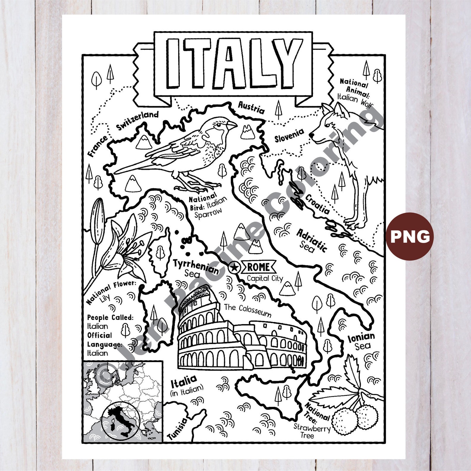 Dibujo para colorear italia Geografía de Europa Descargar - Etsy México