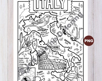 Italy Coloring Page, Geography of Europe, Digital Download Coloring Page