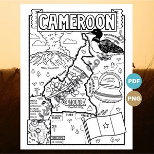 May include: A black and white line art illustration of a map of Cameroon. The map includes the country's borders, major cities, and geographical features. The map also includes the national bird, flower, and pottery. The text "Cameroon" is written in large, bold letters at the top of the map. The text "Yaounde Capital City" is written in the center of the map. The text "Population: 30,130,000" is written in the bottom left corner of the map.