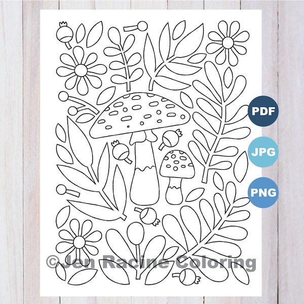 Mushrooms and Florals, Scandinavian Inspired Coloring Page