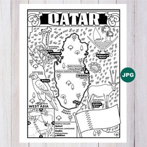 Puede incluir: Mapa ilustrado en blanco y negro de Qatar, con el Golfo Pérsico, el Órice árabe y el ave nacional, el halcón. El mapa incluye la capital, Doha, y el texto "Qatar" en la parte superior.