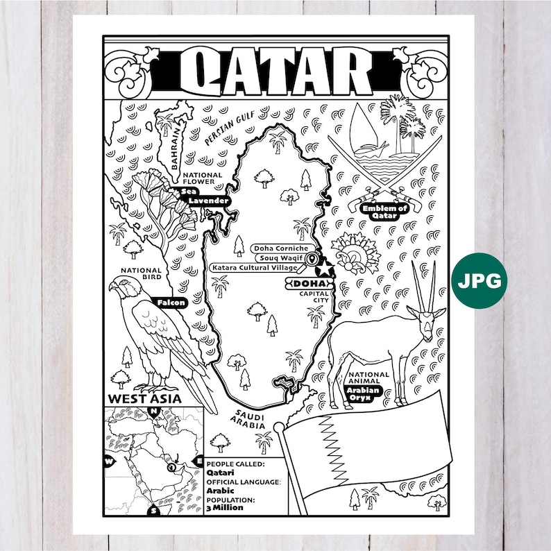 Qatar Map Coloring Page, West Asia Geography (digital Download) - Etsy ...