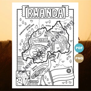 Può includere: Una pagina da colorare in bianco e nero con una mappa del Ruanda, con dettagli sull'animale, il fiore e l'uccello nazionali del paese. La mappa include la capitale Kigali, il Parco Nazionale dei Vulcani e i confini del paese con l'Uganda, il Burundi e la Tanzania. La pagina include anche un'illustrazione in bianco e nero della bandiera ruandese.