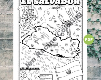 El Salvador Map Coloring Page, Central America Geography (Digital Download)