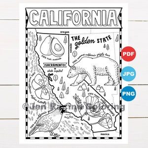Pagina da colorare della California, Stati Uniti, Mappa dello Stato, Fauna selvatica, Simboli dello Stato, Fiori, Pagine da colorare