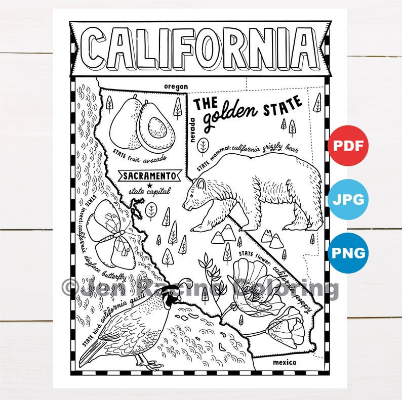 California Coloring Page United States State Map Wildlife Etsy