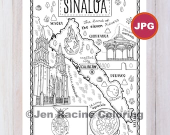 Sinaloa Map Coloring Page, Mexico State Symbols (JPG Download)
