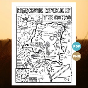 May include: A black and white colouring page of a map of the Democratic Republic of the Congo. The map includes the country's borders, major cities, and national symbols, such as the national flower, bird, and animal. The map also includes the country's flag and population.