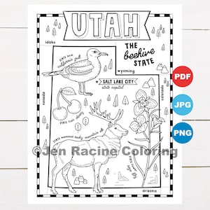 Pagina da colorare dello Utah, Stati Uniti, mappa dello stato, fauna selvatica, simboli dello stato, fiori, pagine da colorare