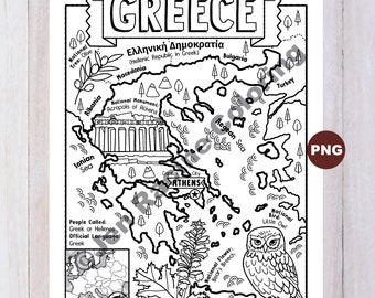 Grèce Coloriage, Géographie de l’Europe, Digital Download Coloring Page