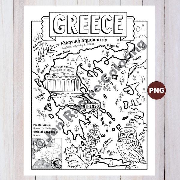 Greece Coloring Page, Geography of Europe, Digital Download Coloring Page