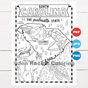 Pagina da colorare della Carolina del Sud, Stati Uniti, mappa dello stato, fauna selvatica, simboli dello stato, fiori, pagine da colorare