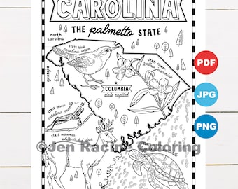 South Carolina Map Coloring Page, State Symbols (PDF Download)