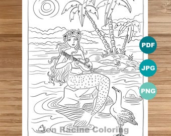 Ukulele Mermaid Coloring Page, Printable Art (PDF, JPG, PNG)
