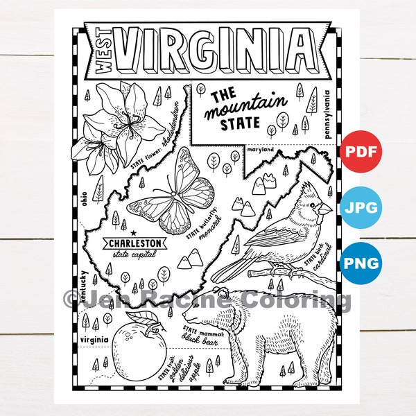 West Virginia Coloring Page, United States, State Map, Wildlife, State Symbols, Flowers, Coloring Pages